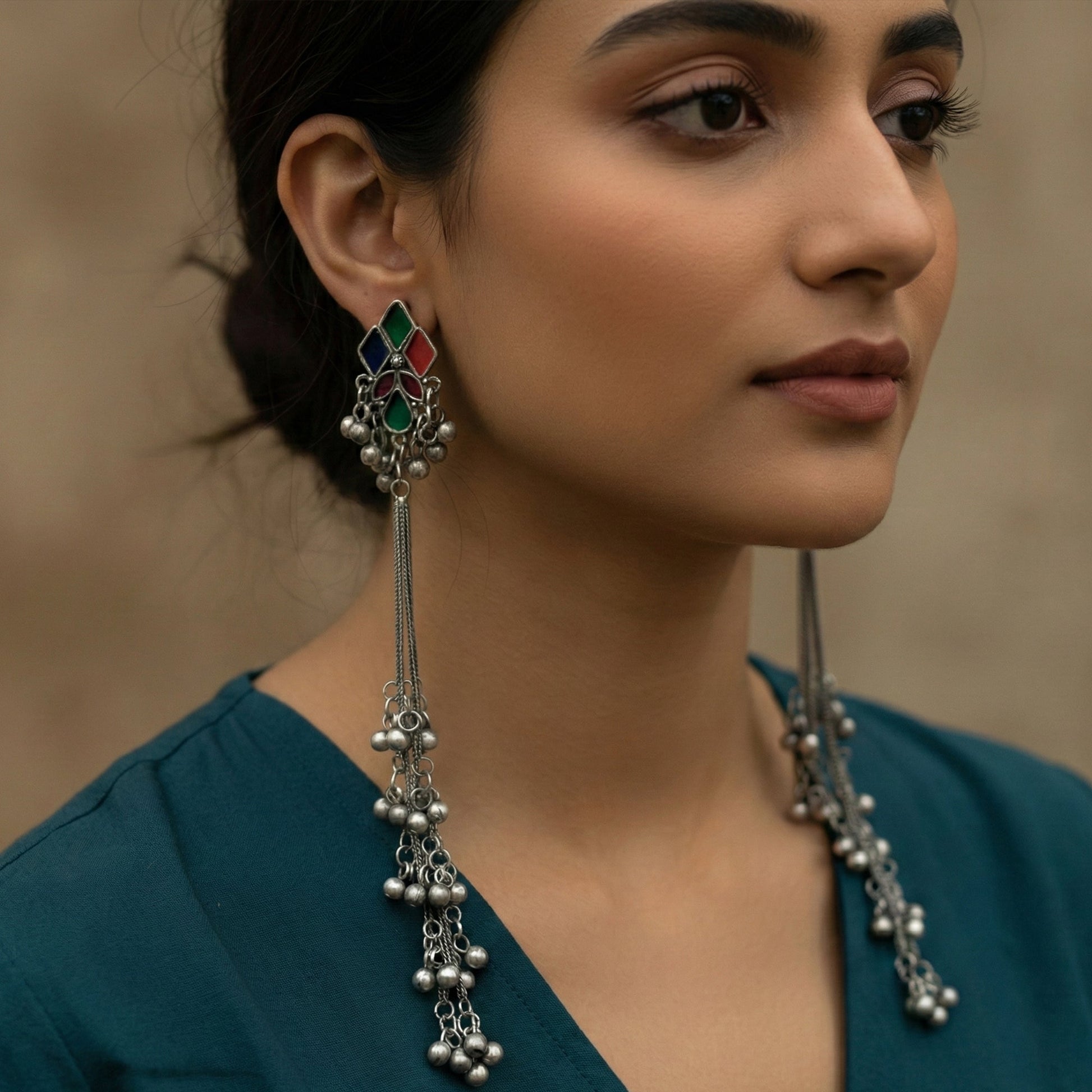 JS Fashion Oxidized Silver Long Multicolor Ghungroo Earrings for Women & Girls | Swadesiicart