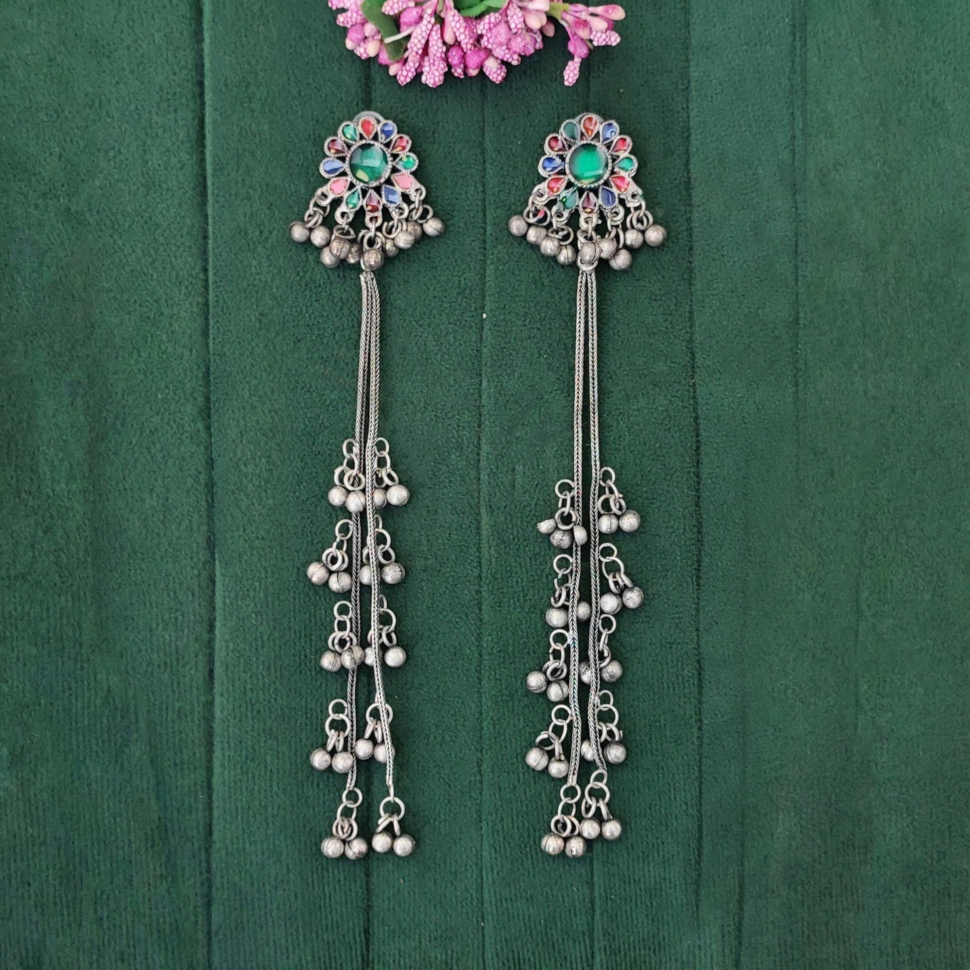 JS Fashion Boho Oxidized Long Earrings with Color Stones for Women & Girls | Swadesiicart