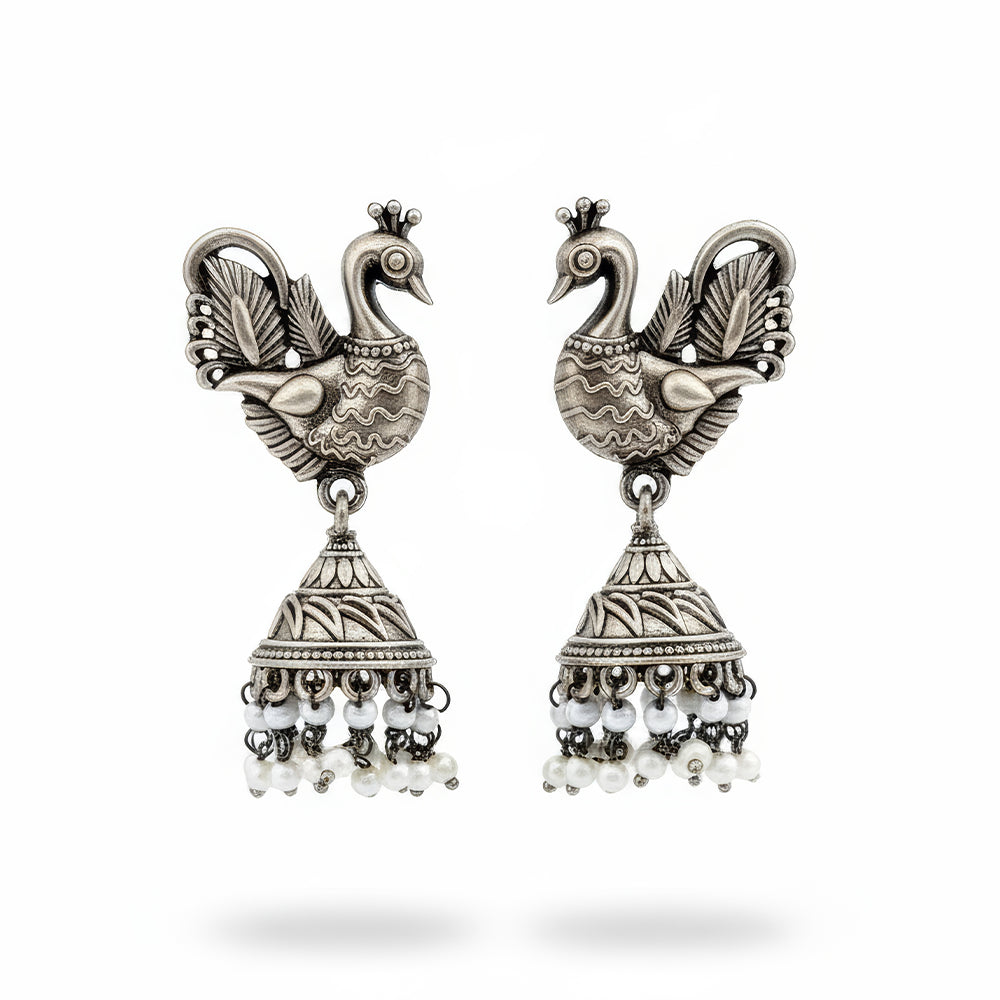 JS Fashion Peacock Design Oxidized Silver Jhumka Earrings for Women | Swadesiicart