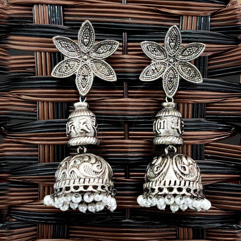 JS Fashion Oxidized Silver Flower Design Jhumka Earrings for Women | Swadesiicart