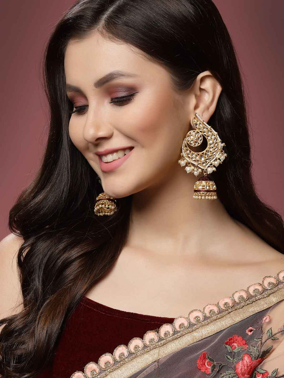 Peacock Maroon Jhumki Drop Earrings for Womens by House of Ree | Swadesiicart