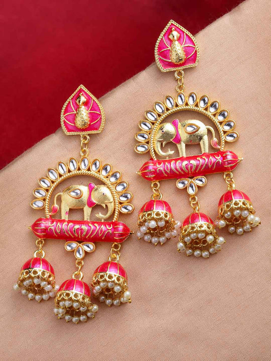 Elephant Shape Pink Jhumki Drop Earrings for Womens by House of Ree | Swadesiicart