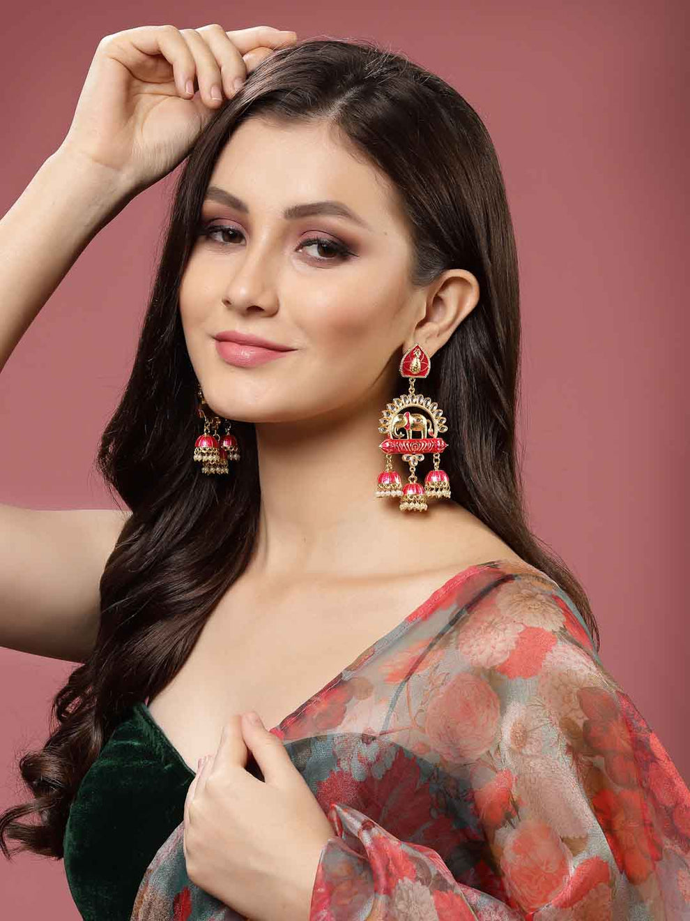 Elephant Shape Pink Jhumki Drop Earrings for Womens by House of Ree | Swadesiicart