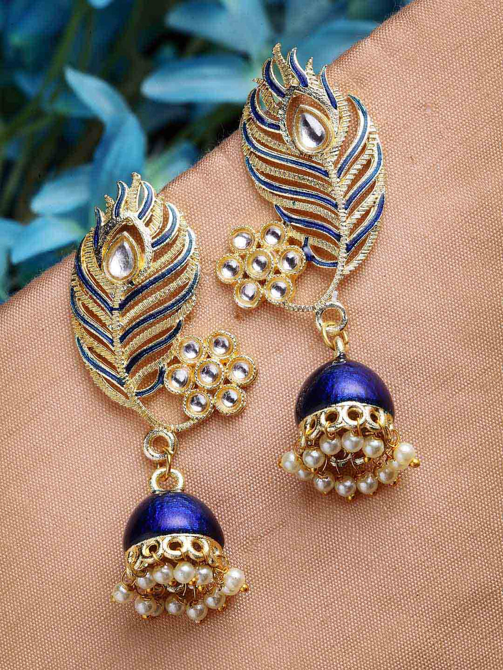 Peacock Feather Pattern Blue Jhumki Drop Earrings for Womens by House of Ree | Swadesiicart