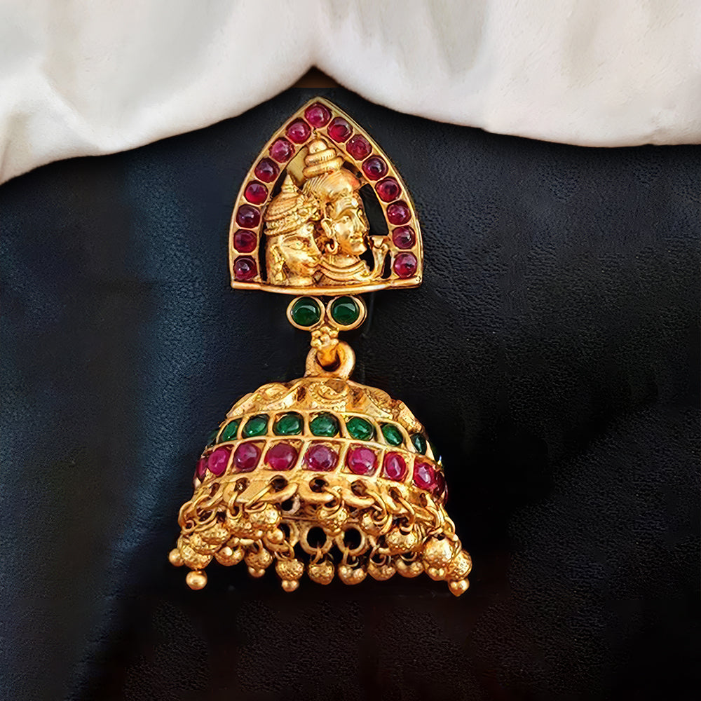 JS Fashion shiv parvati Designer Golden Clustered Pearl High Gold Polish Temple Jhumka Earring | Swadesiicart