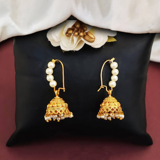 JS Fashion Antique Jhumka Earrings with Clustered Pearls – High Gold Polish Designer Party Wear Jewelry | Swadesiicart