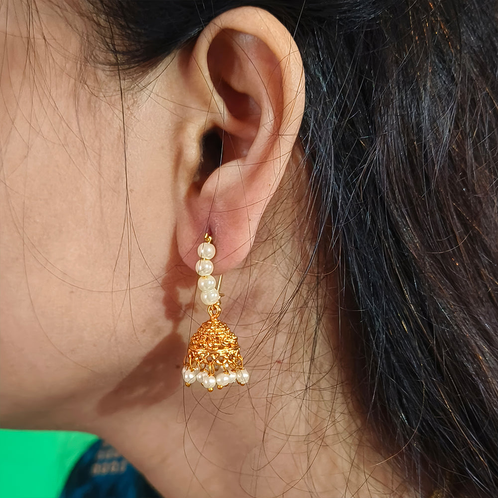 JS Fashion Antique Jhumka Earrings with Clustered Pearls – High Gold Polish Designer Party Wear Jewelry | Swadesiicart