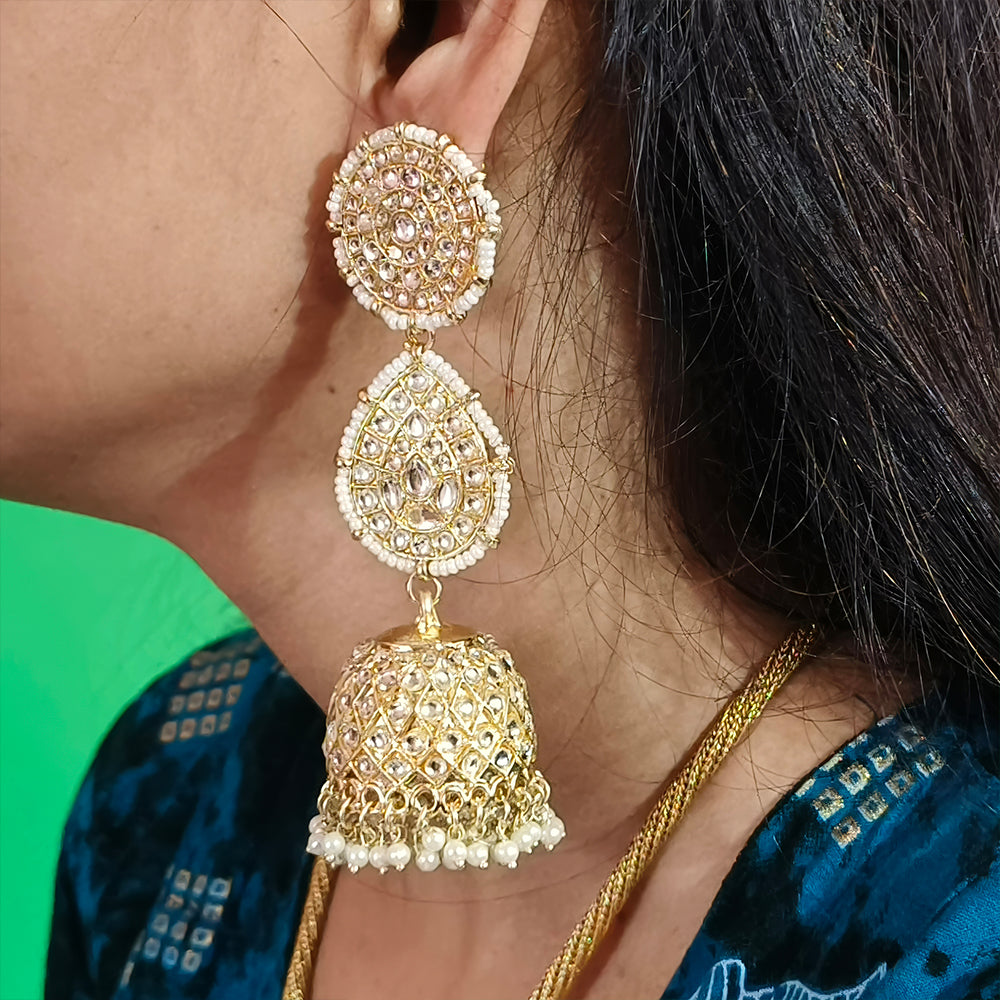 JS Fashion Antique High Gold Earrings with Clustered Pearls & Full Stones – Elegant Party Wear Jewelry for Women | Swadesiicart