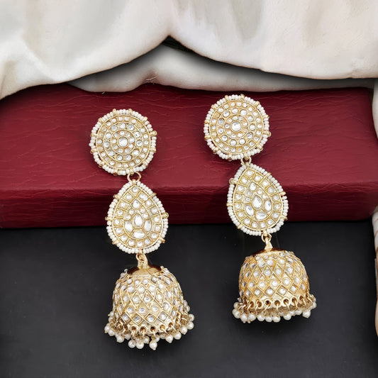 JS Fashion Antique High Gold Earrings with Clustered Pearls & Full Stones – Elegant Party Wear Jewelry for Women | Swadesiicart