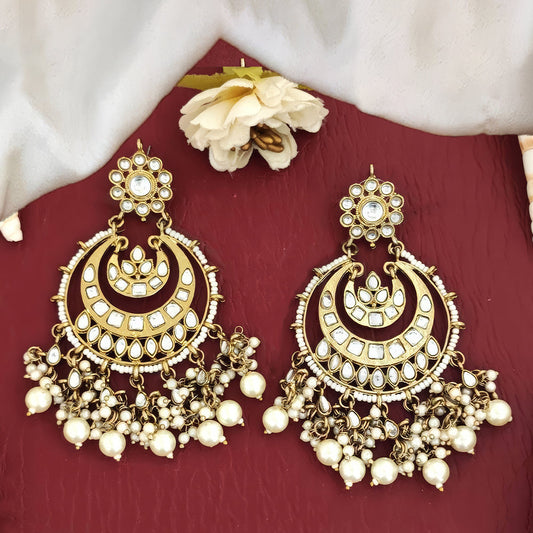JS Fashion Elegant Long Polki Earrings with Clustered Pearls & Full Stones – Beautiful Fancy Party Wear Jewelry for Women | Swadesiicart