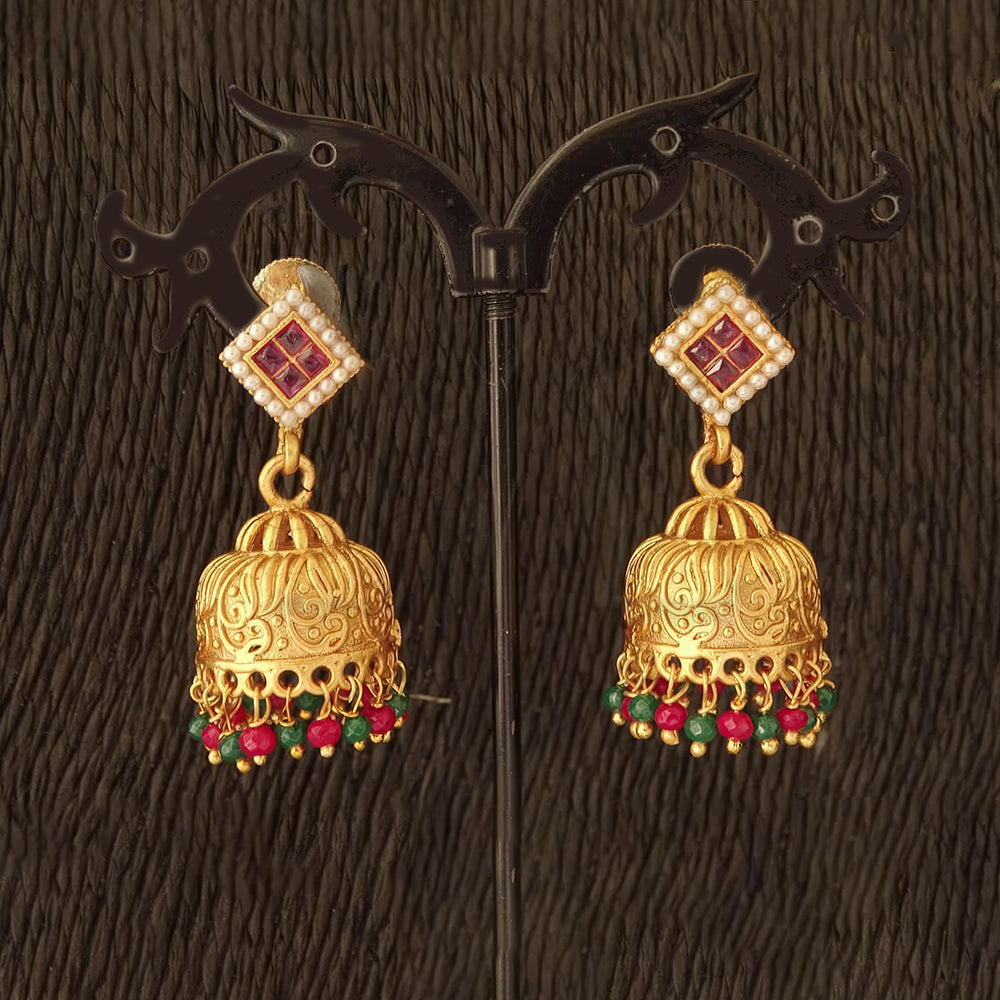 JS Fashion Embossed Matte Gold Antique Jhumka Earrings – Traditional Ethnic Jewelry for Women & Girls | Swadesiicart