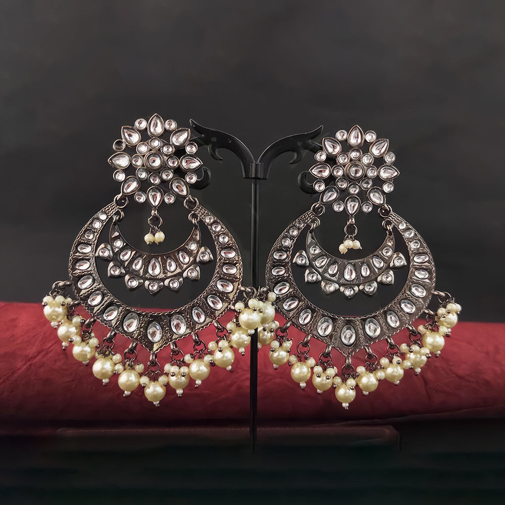 JS Fashion Clustered Pearl Chand Shape Polki Earrings – Full Stone Designer Party Wear Jewelry for Women | Swadesiicart
