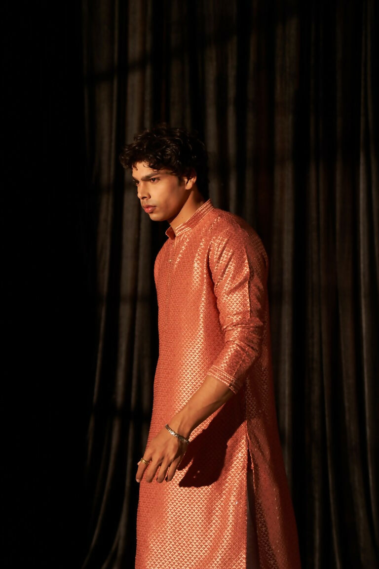 Red viscose Chikankari Embroidery Work Men's Traditional Kurta Set - Mahotsav | Swadesiicart