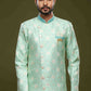 Raivat Ethnic Banarasi Jacquard Embroidery Semi Indo Western Sherwani In Pista Green Colour | Swadesiicart