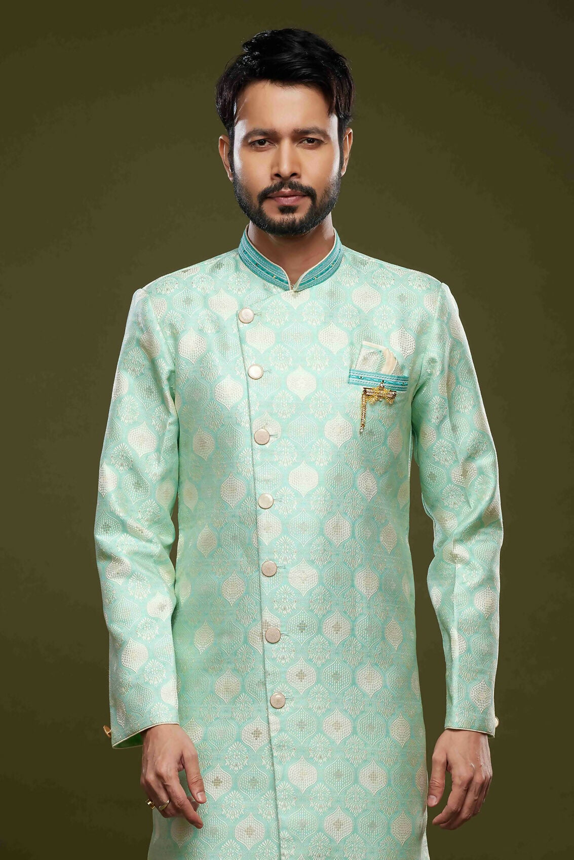 Raivat Ethnic Banarasi Jacquard Embroidery Semi Indo Western Sherwani In Pista Green Colour | Swadesiicart
