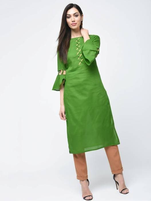 Aniyah Cotton Criss Cross Bell Sleeves Straight Kurta In Green (AN-101A) - Swadesiicart