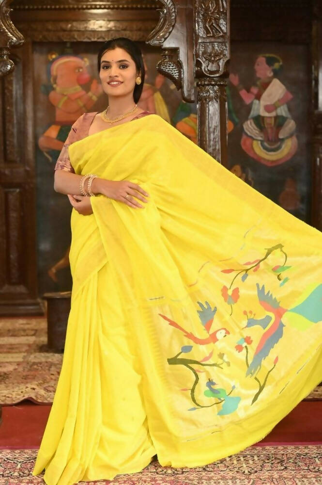 Very Much Indian Handloom Pure Cotton Paithani-Lime Yellow | Swadesiicart