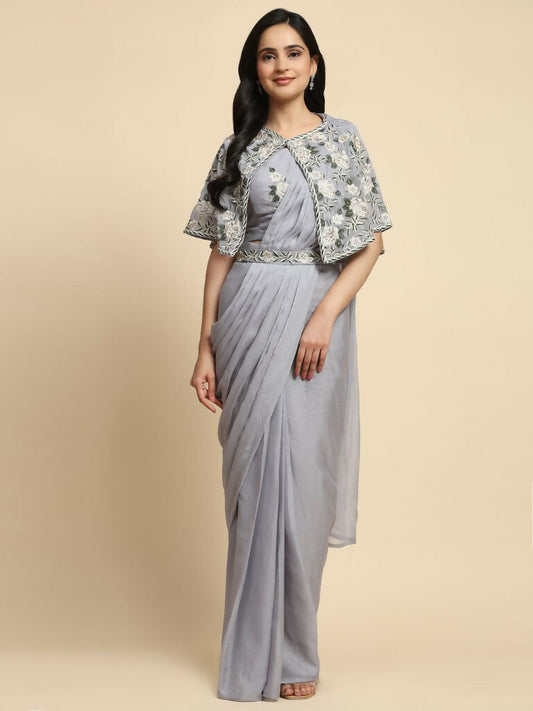 Grey Chiffon Solid Ready to wear Saree with stitched Blouse - Aayan | Swadesiicart