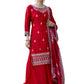 The52 Red Women's Gorgeous Embroidered Vichitra Silk Fabric Straight Kurta, Sharara and Dupatta Set - Swadesiicart