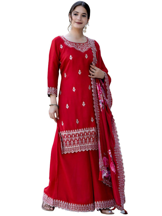 The52 Red Women's Gorgeous Embroidered Vichitra Silk Fabric Straight Kurta, Sharara and Dupatta Set - Swadesiicart