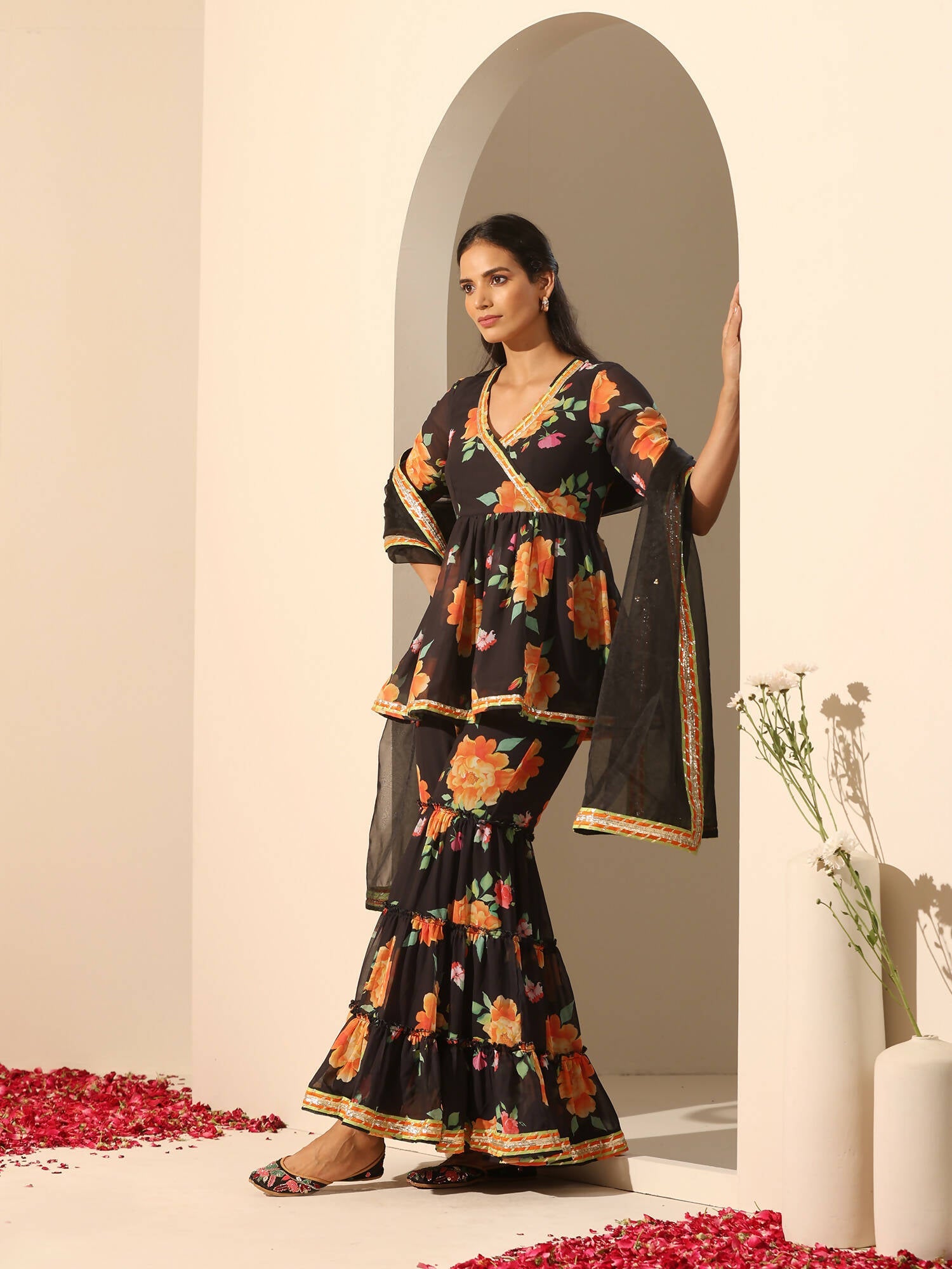 Pomcha Jaipur Black Gul Narangi Sharara Set | Swadesiicart