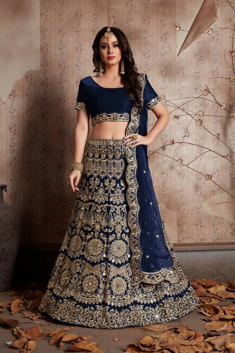 Jyoti Fashion Mesmerizing Navy Blue Sequins Embroidered Velvet Lehenga Choli with Dupatta | Swadesiicart