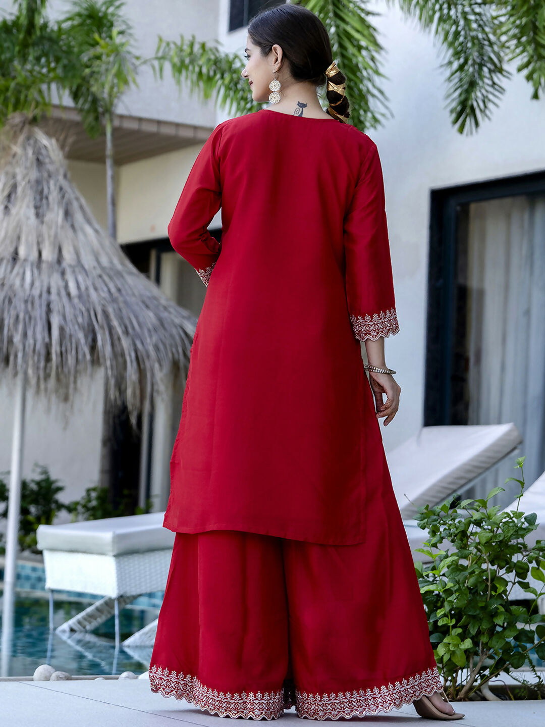The52 Red Women's Gorgeous Embroidered Vichitra Silk Fabric Straight Kurta, Sharara and Dupatta Set - Swadesiicart