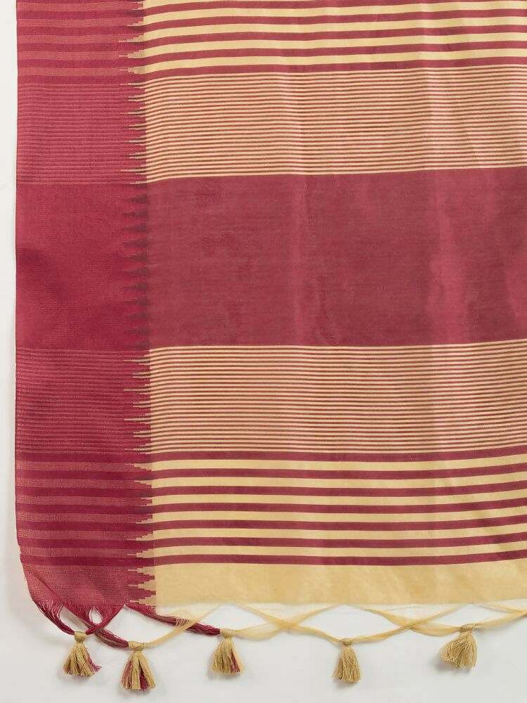 Vishnu Weaves Women's Chiku Raw Silk Thread Woven Saree with Blouse - Swadesiicart