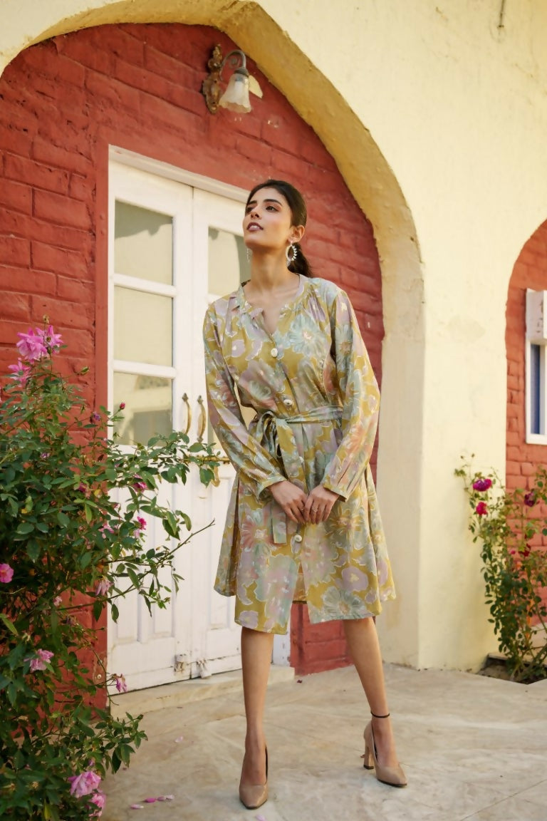 Vaasva Women Green Muslin Floral Printed Knee Length Dress | Swadesiicart