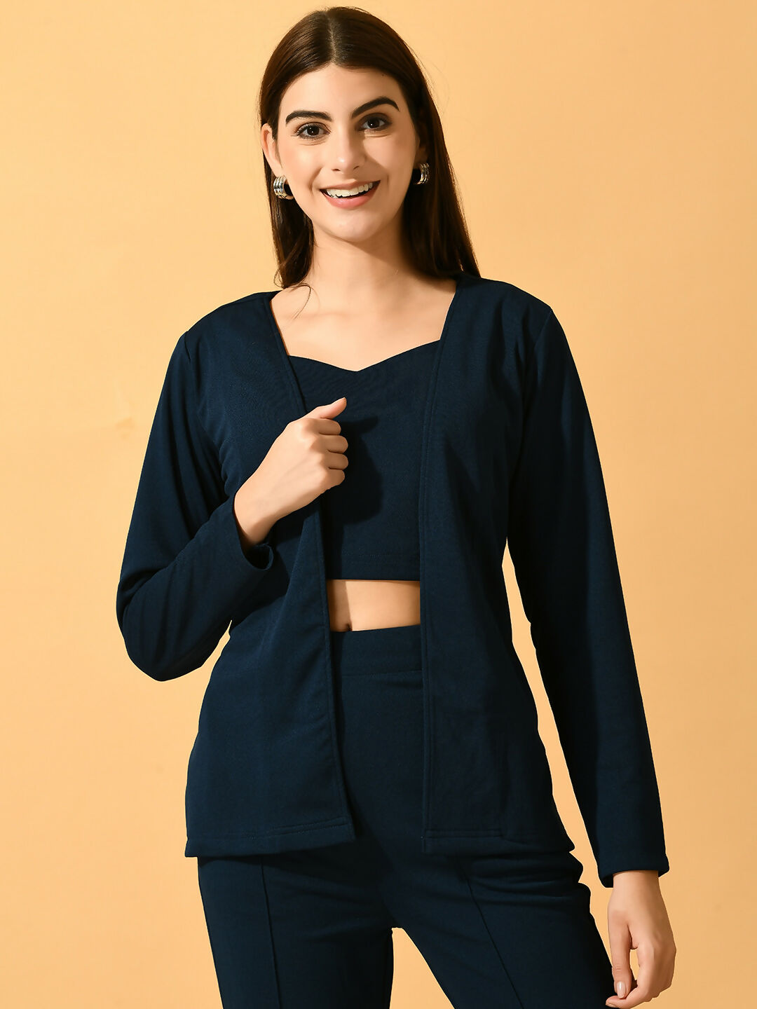 Myshka Women's Navy Blue Solid Coat With Trousers - Swadesiicart