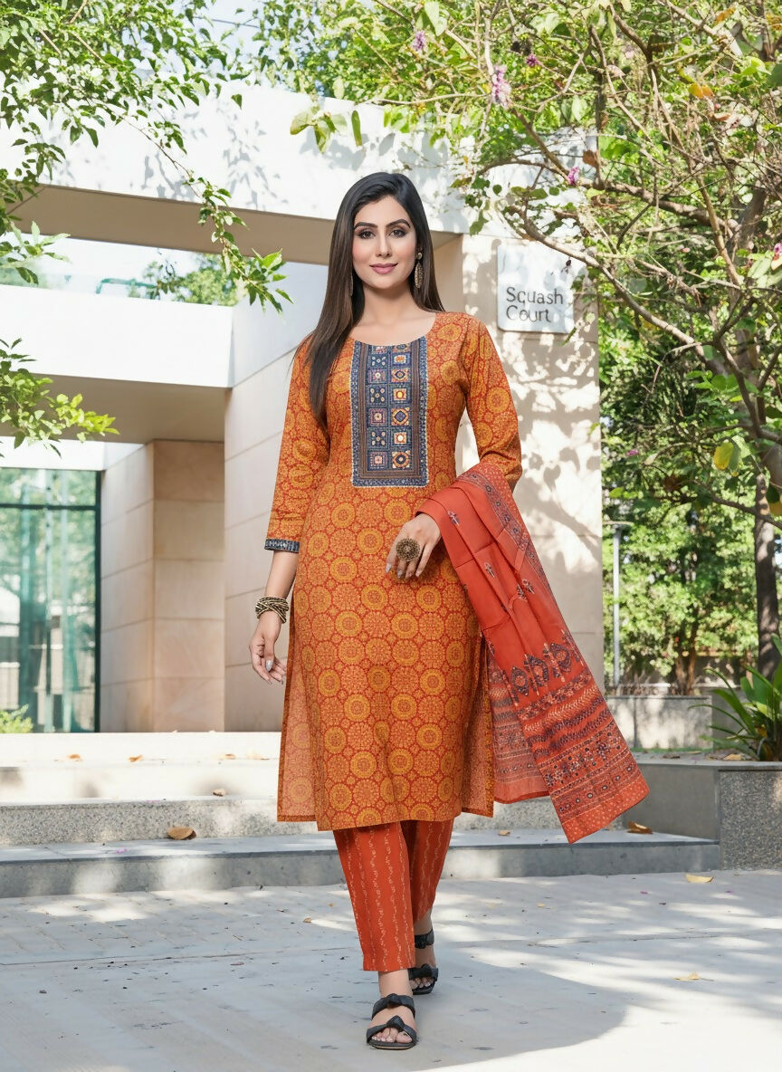 BulBul Aaliya Rust Cotton Kurta Set with Dupatta - Swadesiicart