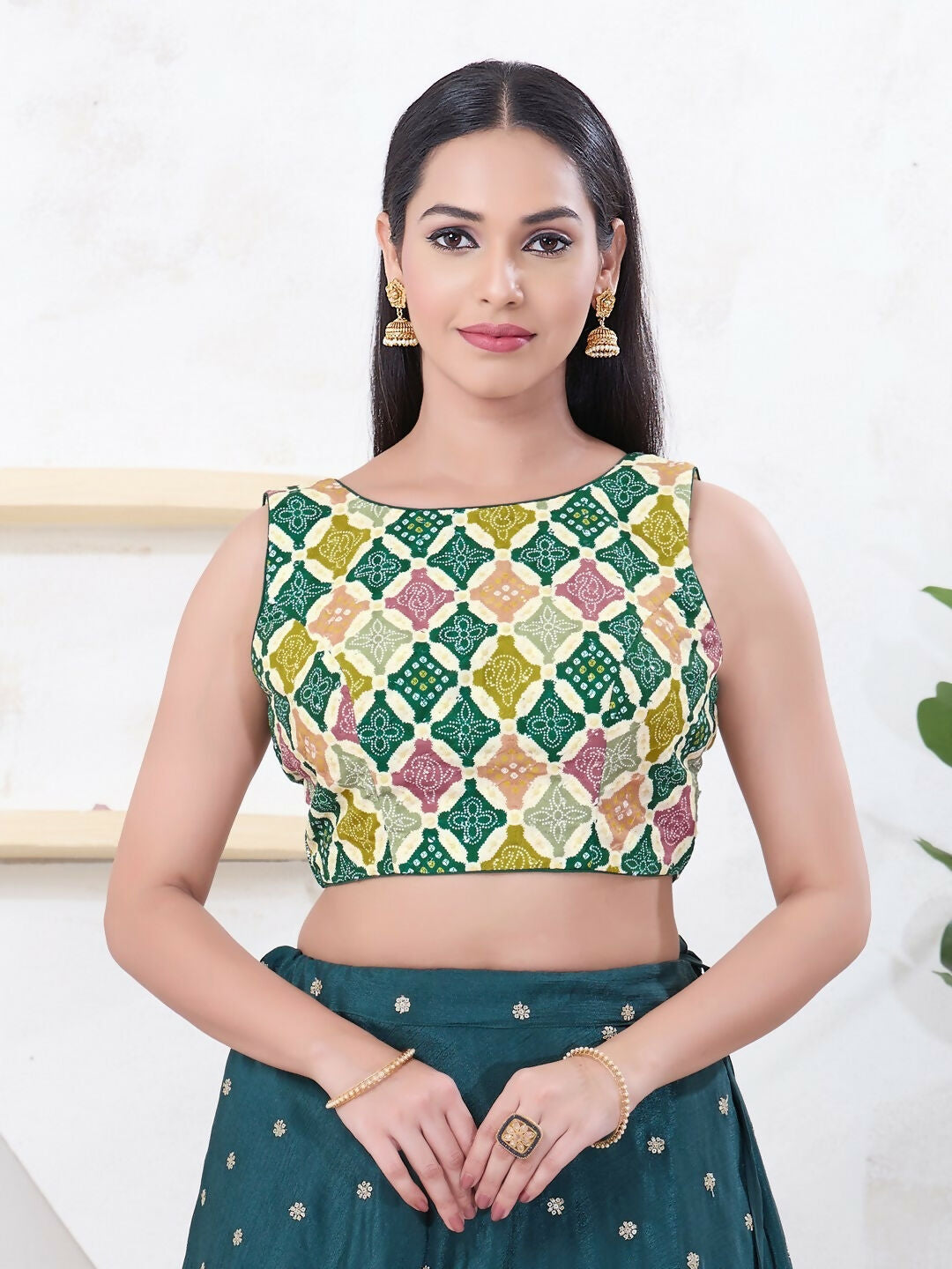Joban Fashion Green Bandhani Sleeveless Back Open Blouse - Swadesiicart