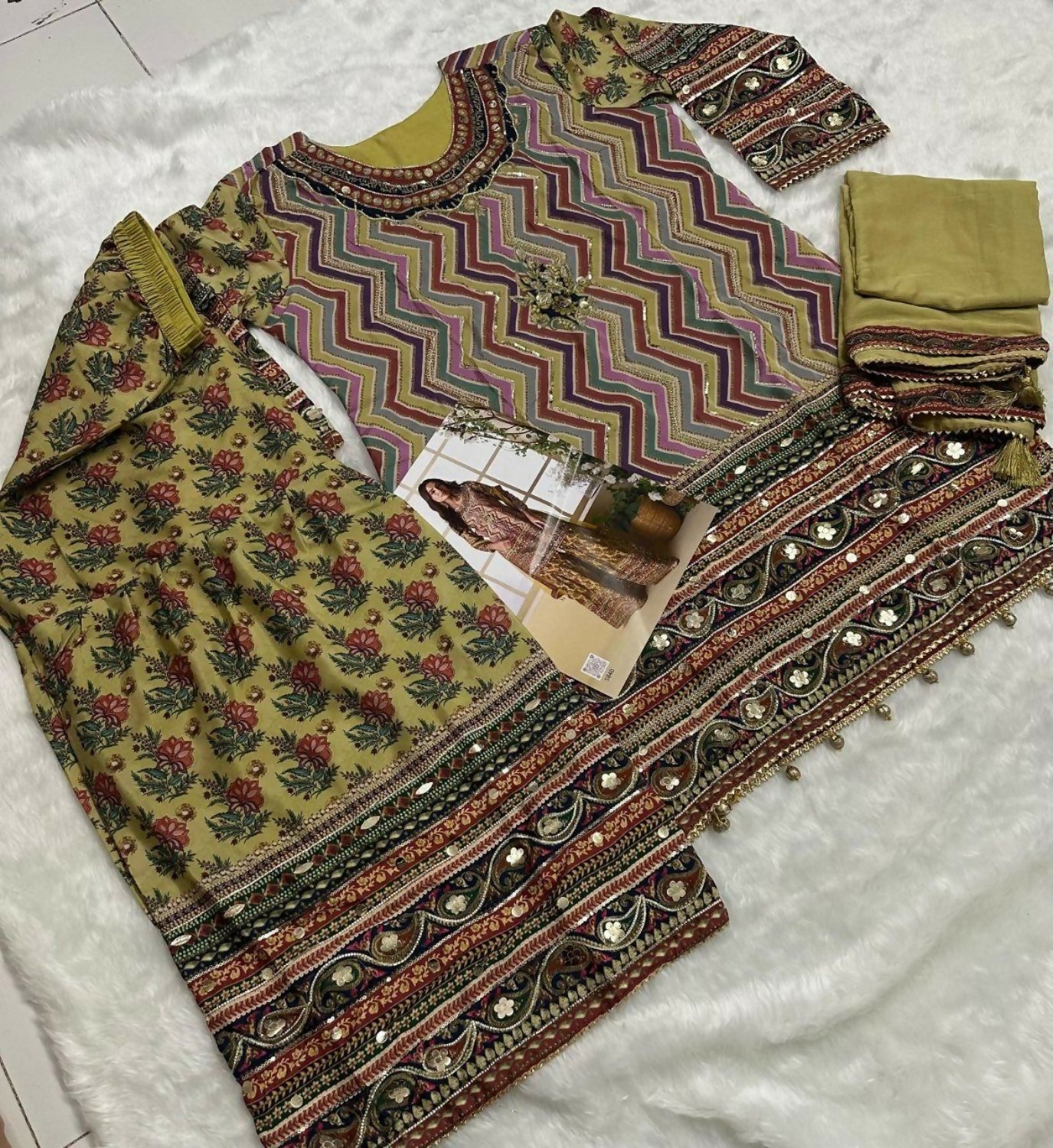 Anaita Yellow Heavy Crepe Silk Ready Made Suit with Multi Digital Printed & Aari Work