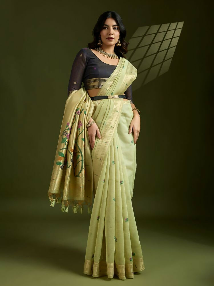 Vishnu Weaves Women's Pista Muga Cotton Thread Woven Butti with Blouse - Swadesiicart