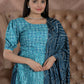Jyoti Fashion Women's Blue Muslin Floral Print with Crush Pleating Kurta with Trouser & Dupatta | Swadesiicart