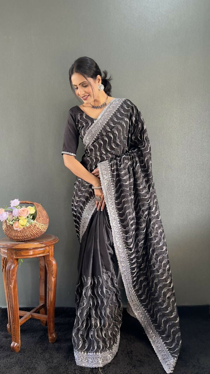 Vastranavya Black Chinnon Silk Embroidery Multi Sequence & Arco Cut Work Ready to Wear Saree | Swadesiicart