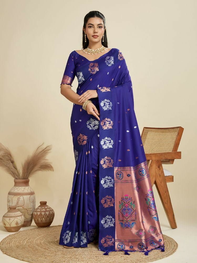 Vishnu Weaves Women's Royal-blue Banarasi Silk Zari Woven Saree with Blouse - Swadesiicart