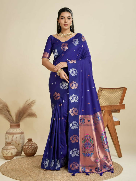 Vishnu Weaves Women's Royal-blue Banarasi Silk Zari Woven Saree with Blouse - Swadesiicart