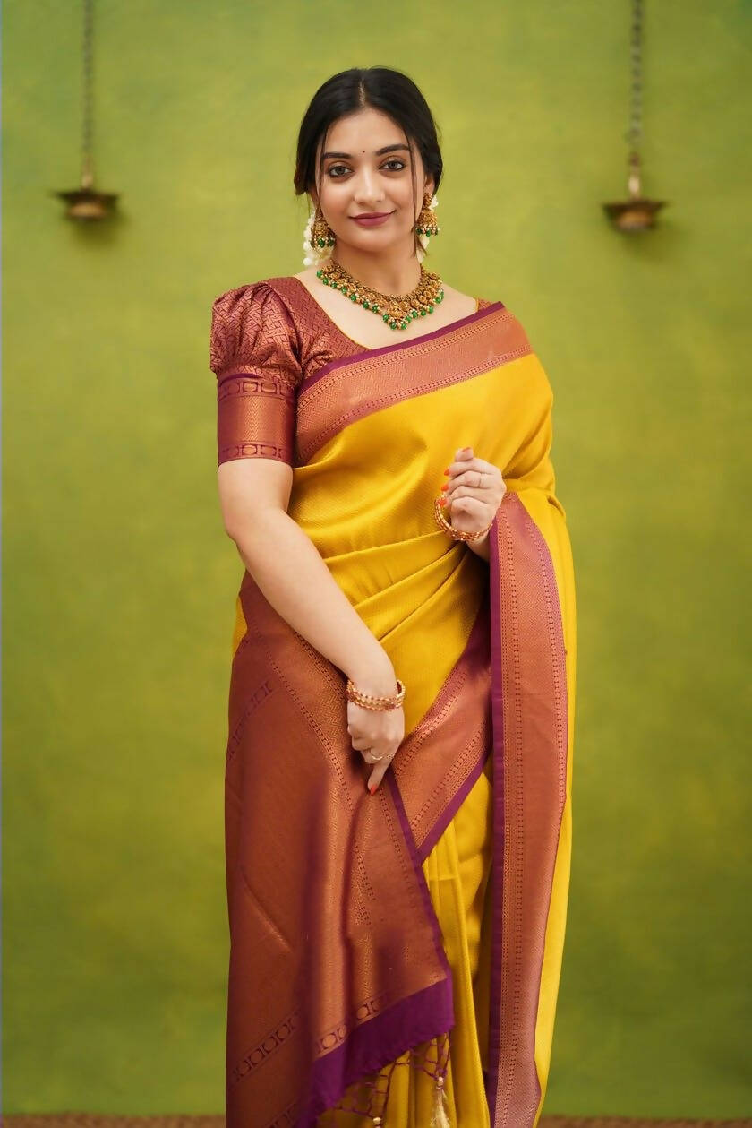 DEIANA'S Beautiful Designer Golden zari Soft Lichi Silk Saree - Yellow - Swadesiicart