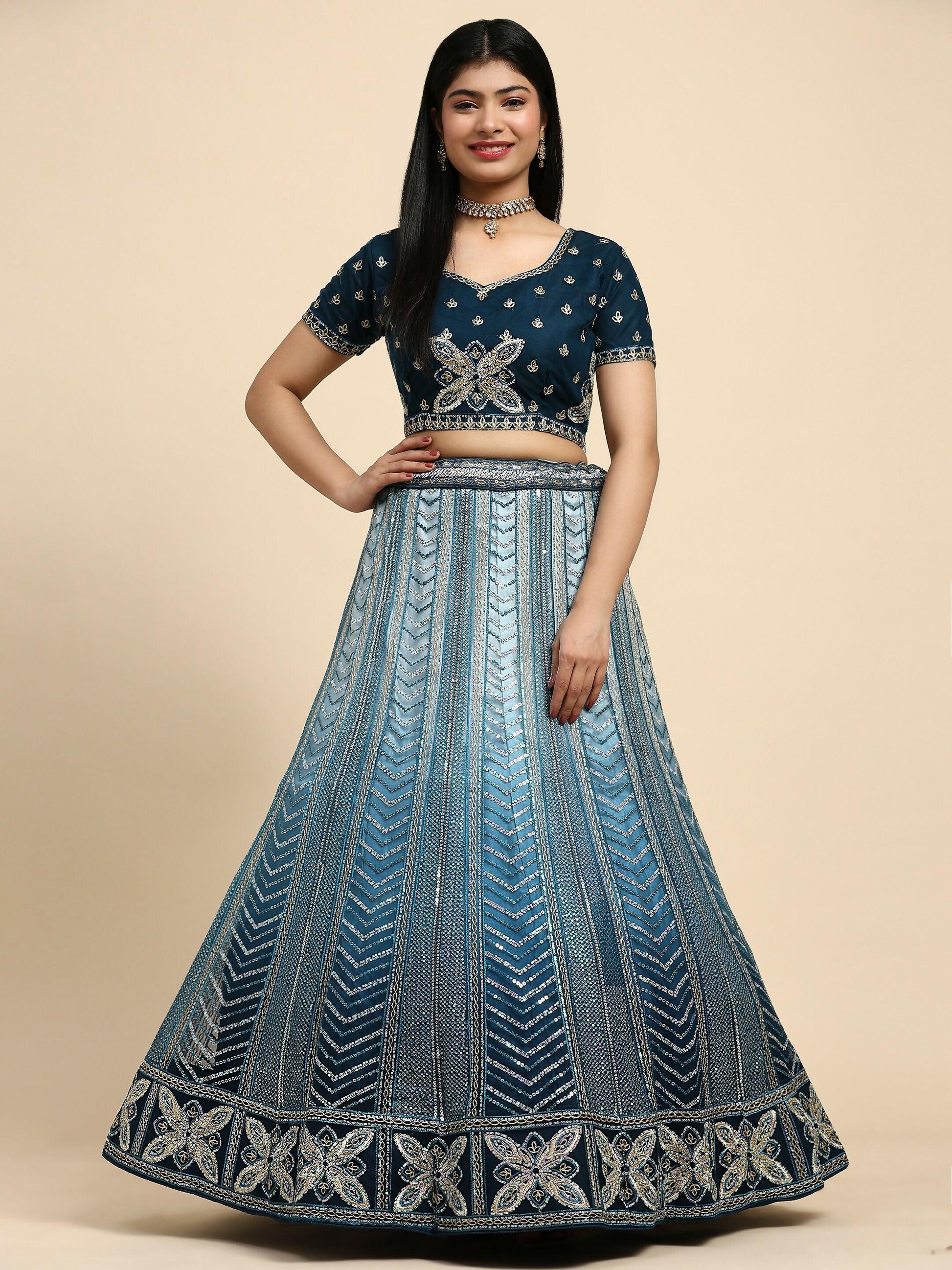 Blue Fancy Net Sequence Embroidered Lehenga Choli with Dupatta - Dhara | Swadesiicart