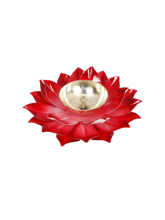 CraftVatika Red Lotus-Shaped Pooja Diya Oil Lamp | Swadesiicart
