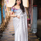Grey Poly Crepe Ethnic Motifs Saree with Unstitched Blouse - Hiral Fashion | Swadesiicart