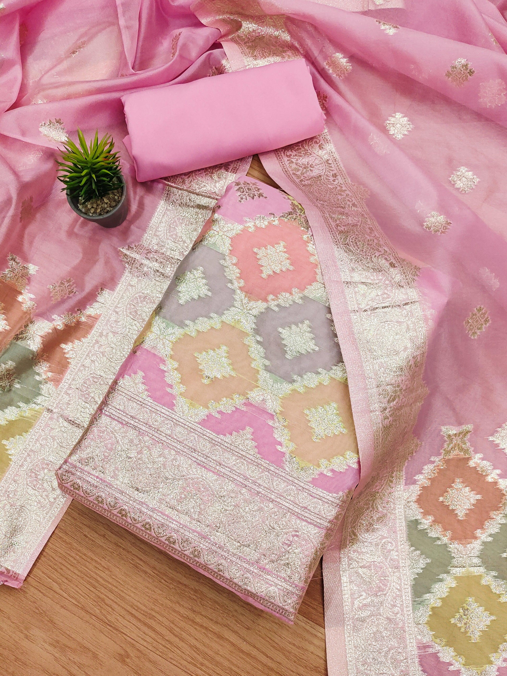Lorenvalley Fashion Women Zari Woven Organza Suit Unstitched - Pink | Swadesiicart
