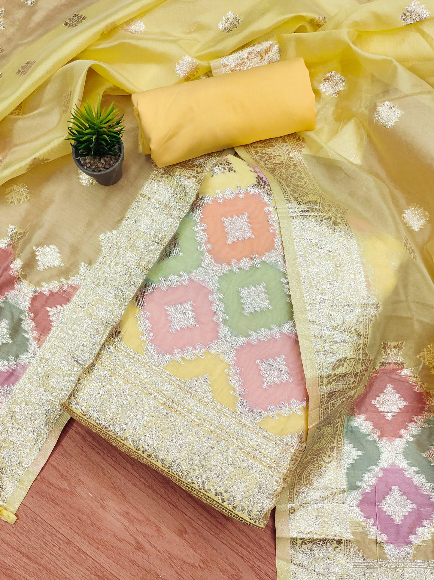 Lorenvalley Fashion Women Zari Woven Organza Suit Unstitched - Yellow | Swadesiicart