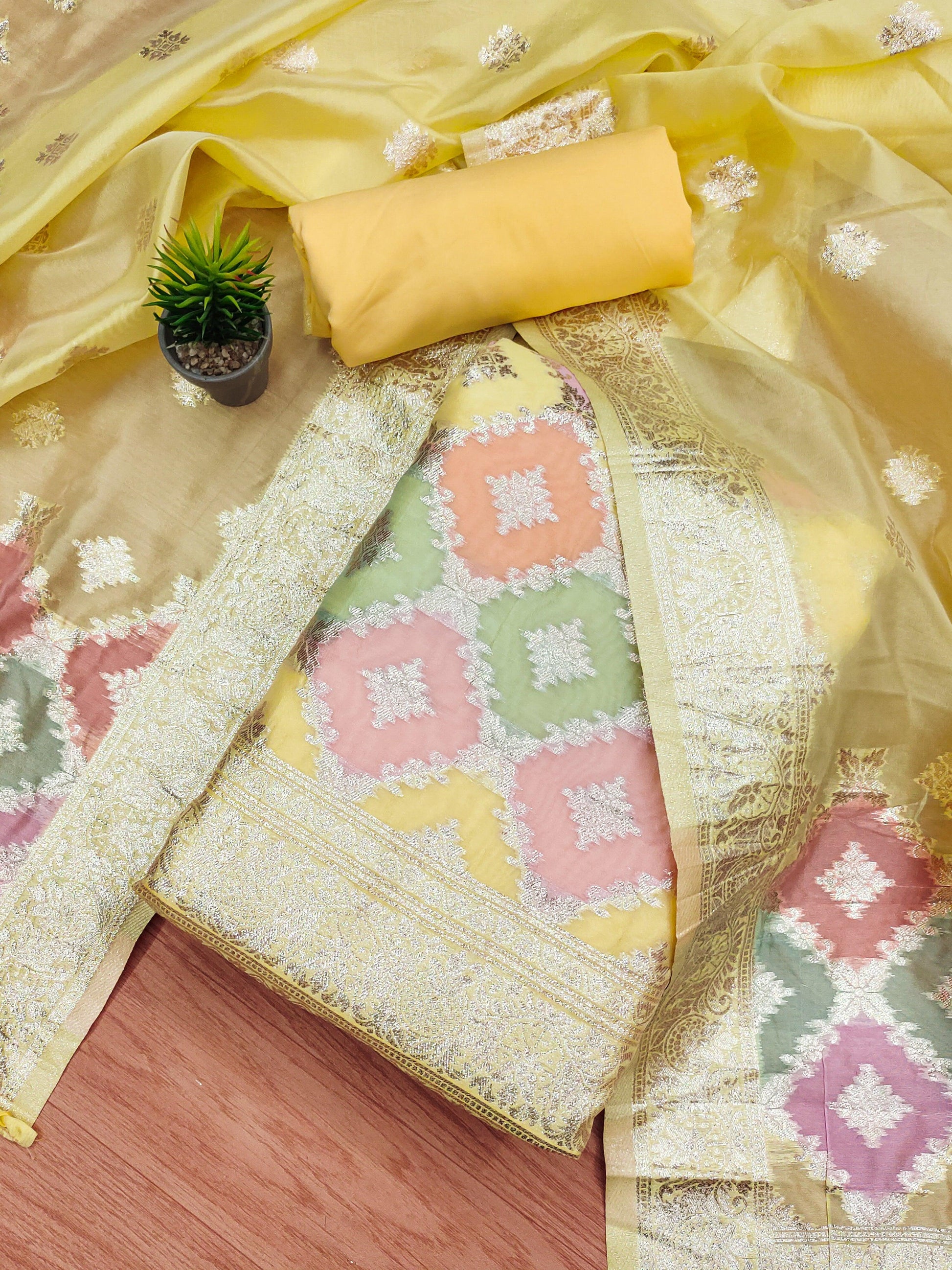 Lorenvalley Fashion Women Zari Woven Organza Suit Unstitched - Yellow | Swadesiicart