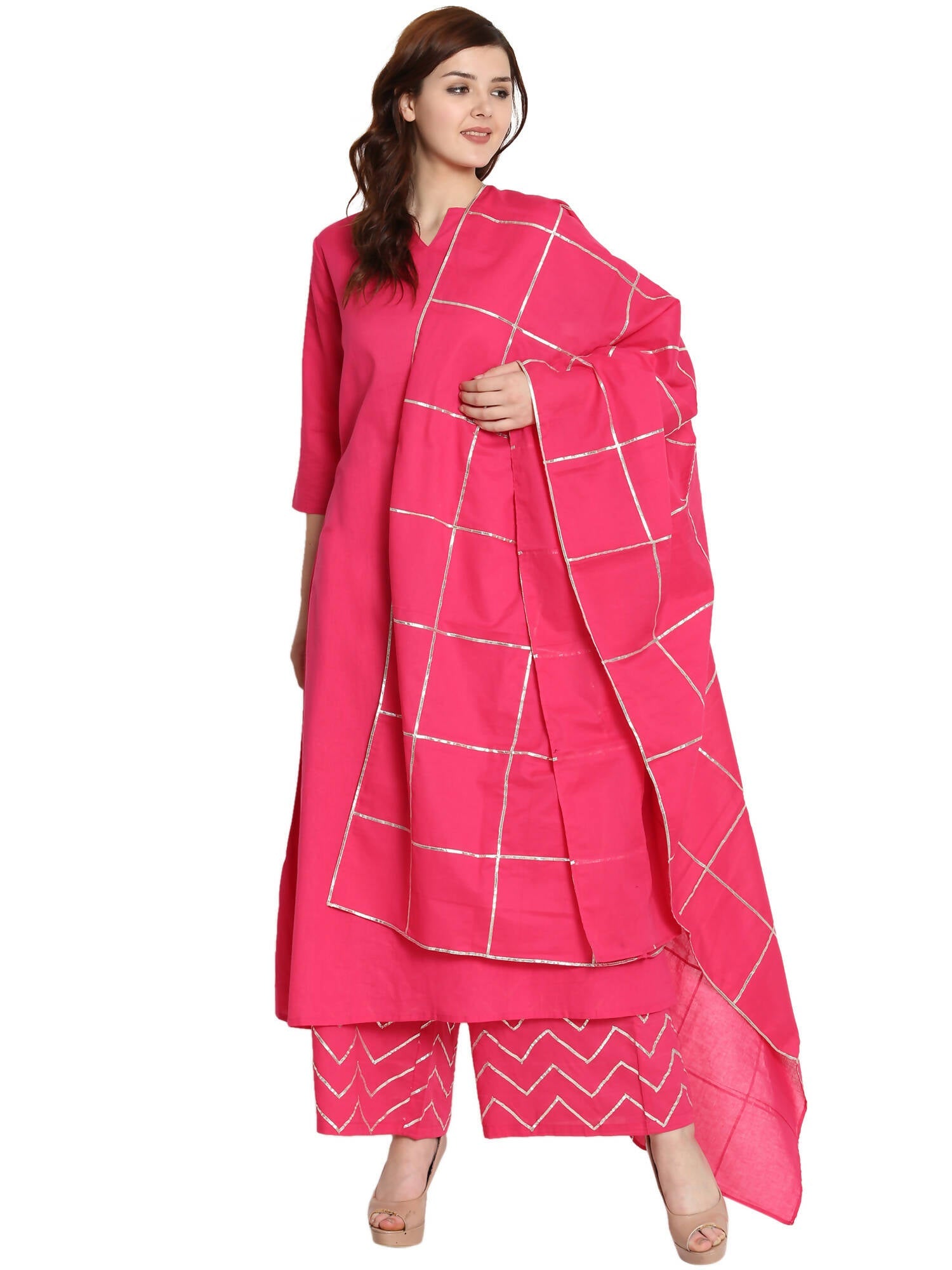 Women's Fushia Pakistani Suit Set With Full Gota Work On Duptta And Gota At Palazzo - G & A Apparels | Swadesiicart