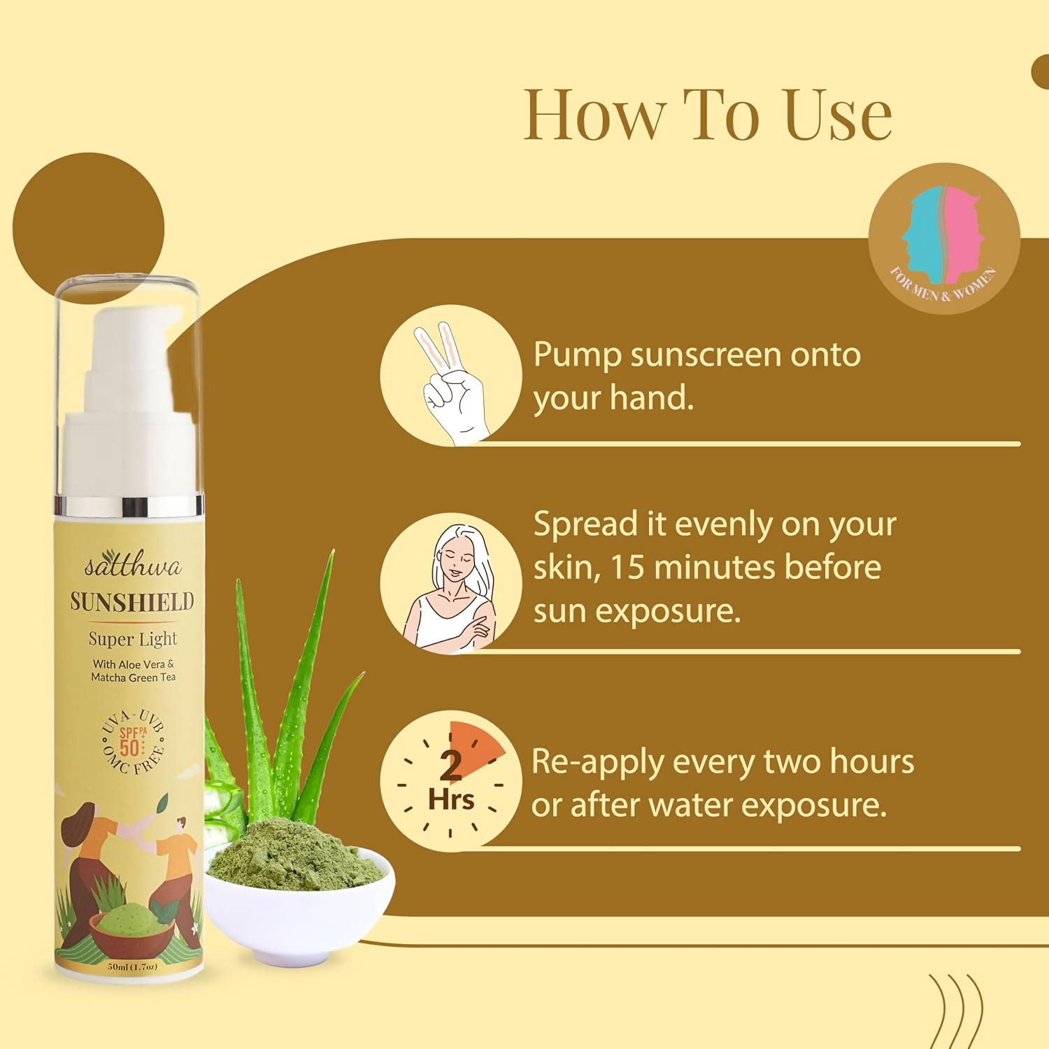 Satthwa Sunshield Super Light Sunscreen With Aloe Vera & Matcha Green Tea | Swadesiicart