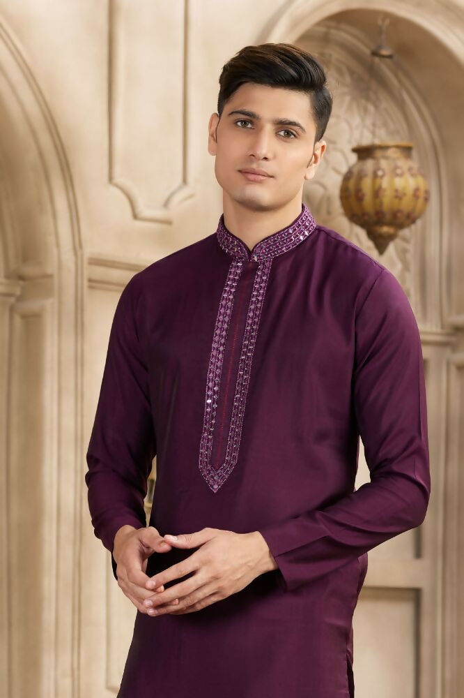 Raivat Ethnic Banarasi Art Silk Mirror Work Kurta Pajama In Wine Colour | Swadesiicart