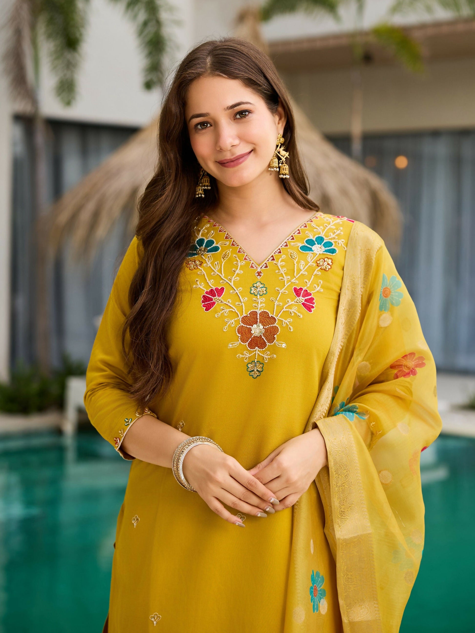 The52 Yellow Women's Gorgeous Embroidered work Viscose Gadhwal Fabric Straight Kurta, Pant and Dupatta Set - Swadesiicart