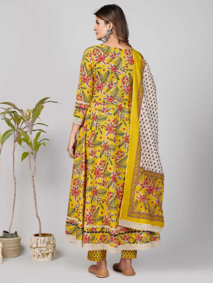 NOZ2TOZ Women's Yellow Anarkali Kurta & Pant With Dupatta Set- (3pcs Set) - Swadesiicart